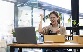 快乐年轻的亚洲女人企业家微笑销售成功检查订单在线购物商店首页办公室概念商人业务在线电子商务