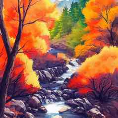 徒步旅行秋天山水彩画
