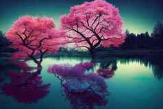 粉红色的树池塘森林晚上