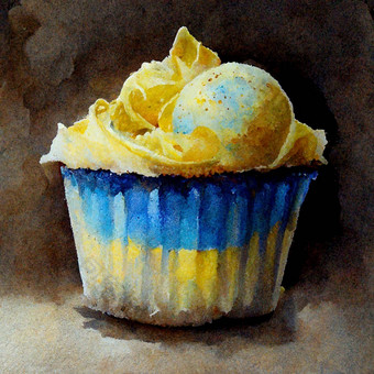 黄色的蓝色的水彩蛋糕美味的香草蛋糕奶油