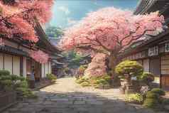 渲染小镇日本樱桃开花树
