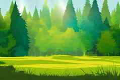深森林阳光明媚的快乐绿色草树