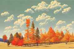 有趣的平卡通秋天景观秋天季节色彩斑斓的