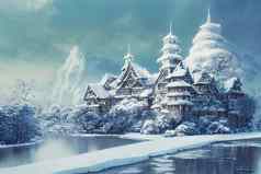 冬天城堡雪河城堡冬天