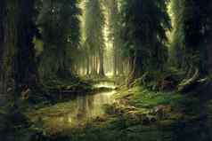 神奇的童话森林松柏科的森林覆盖绿色莫斯
