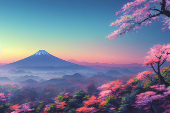 日本动漫风景壁纸特色美丽的粉红色的<strong>樱</strong>桃<strong>树</strong>山富士背景
