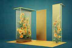 背景自然石头平台玻璃展示金开花高质量插图
