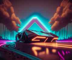 现代插图未来主义的超级跑车霓虹灯发光开车路晚上摘要门户网站