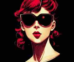 肖像红发女孩黑色的太阳镜