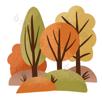 手画插图秋天秋天森林木树橙色黄色的林地景观草布什分支机构野营户外公园活动背景生态环境