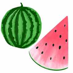 手画插图绿色红色的西瓜简单的极简主义风格夏天水果聚会，派对装饰健康的有机素食者素食主义者食物新鲜的美味的甜点片特写镜头