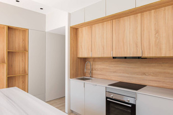 当代最小的厨房空翻新公寓木家具现代电器