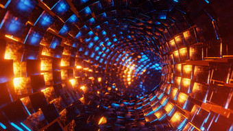 飞行隧道蓝色的橙色金属多维数据集呈现插图