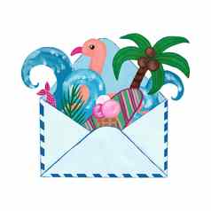 手画插图开放信信封邮件列表发送业务信息邀请卡夏天海海洋假期旅游棕榈蓝色的波冰奶油火烈鸟放松冲浪概念