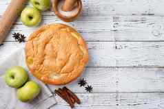 苹果馅饼夏洛特白色木表格新鲜的苹果肉桂视图
