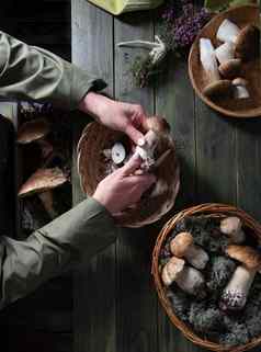 女人清洗porcini蘑菇篮子前视图收获森林