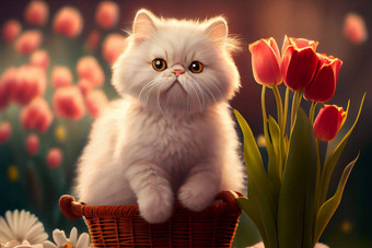 可爱的白色猫柳条篮子背景红色的郁金香
