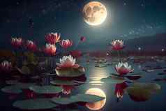 晚上景观水百合沼泽背景月亮