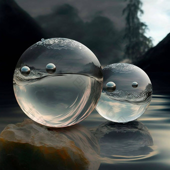 透明的水球体惊人的背景<strong>山水</strong>反射景观<strong>元素</strong>内部球体