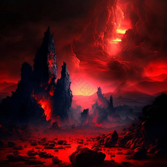 红色的山闪光裂缝表面悲观的天空<strong>岩浆</strong>熔岩传播山熔岩世界集合