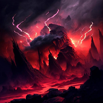 红色的山闪光裂缝表面悲观的天空岩浆熔岩传播山熔岩世界集合