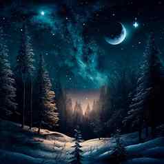 插图令人难以置信的冬天晚上森林