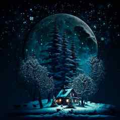 插图房子晚上森林高树月光