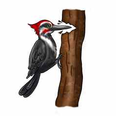啄木鸟鸟啄树皮树孤立的背景剪纸艺术鸟