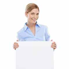 快乐业务女人海报模型空间公告广告市场营销标志卡肖像女模型空白董事会复制空间白色工作室背景