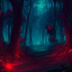 可怕的晚上森林红色的光