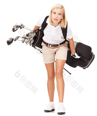 离开会所球童工作室拍摄疲惫女高尔夫球手携带袋孤立的白色