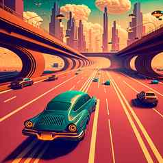 未来主义的城市复古的风格汽车开车高速公路