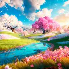 插图幻想春天世界明亮的太阳樱桃花朵