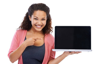 女人肖像移动PC模型技术互联网无线连接白色背景女手指出市场营销数字网站科技产品放置