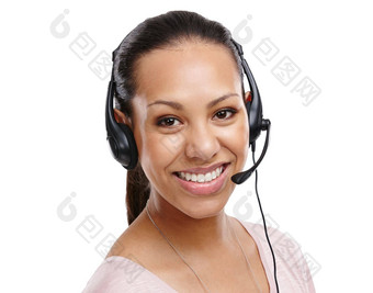 女人肖像调用中心员工工作室耳机crm客户服务孤立的白色背景联系电话销售科技支持客户护理女微笑