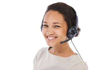 crm客户服务黑色的女人肖像联系调用中心快乐微笑白色背景孤立的工作室女人员工耳机准备好了客户支持工作