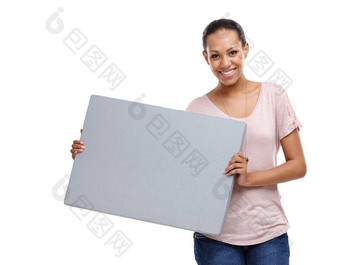 黑色的女人空白标志肖像模型持有市场营销广告海报孤立的白色背景快乐人微笑广告广告牌出售纸交易