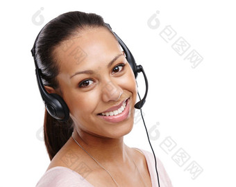 女人肖像调用中心顾问工作室耳机crm客户服务孤立的<strong>白色</strong>背景联系电话销售<strong>科技</strong>支持客户护理工人微笑