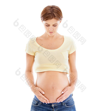 怀孕了女人白色背景触摸胃身体孕妇健康希望医疗保健腹部美怀孕妈妈。工作室背景护肤品健康的皮肤病学