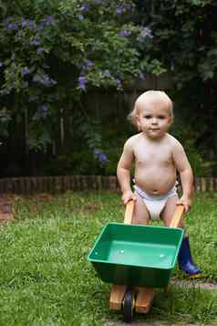 感兴趣自然可爱的婴儿男孩玩玩具独轮手推车花园