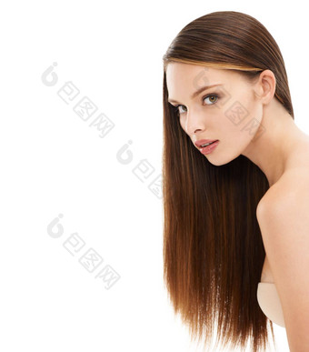 女人肖像浅黑肤色的女人发型白色背景模型角蛋白治疗染料市场营销广告美模型脸棕色（的）头发卡护肤品孤立的模型背景