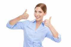 拇指手肖像业务女人赢得成功支持批准快乐女表情符号交易出售折扣孤立的白色背景