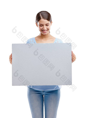 女人海报微笑市场营销广告品牌白色工作室背景快乐孤立的女模型持有广告牌消息品牌广告白色背景