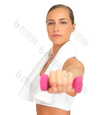 工作室肖像女人手哑铃焦点锻炼目标<strong>健康</strong>白色背景孤立的模型举重心态<strong>健康</strong>的培训<strong>健康</strong>强大的身体