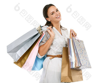 女人购物袋零售时尚肖像商店出售孤立的白色背景购物折扣促销活动衣服设计师品牌快乐客户纸袋