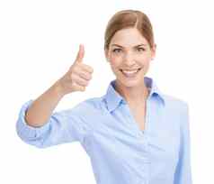 拇指手标志肖像女人快乐赢得交易支持批准脸女表情符号出售折扣微笑孤立的白色背景