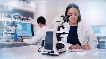 科学家实验室亚洲女人科学显微镜报告分析研究研究数据覆盖创新生物技术化学专家首尔生物学专家