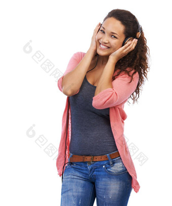 音乐耳机肖像女人工作室孤立的白色背景脸放松快乐女hifi耳机流媒体听享受播客广播音频首歌专辑