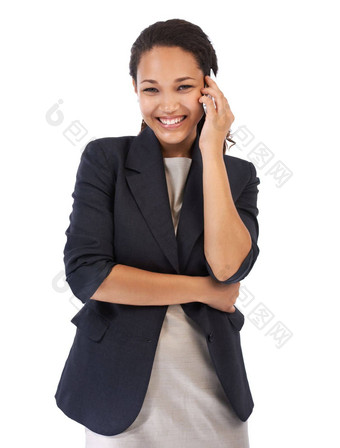 沟通电话调用肖像黑色的女人感觉成功移动谈话白色背景移动电话员工联系市场营销职业生涯快乐微笑工作室
