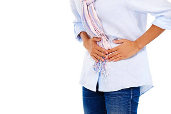 女人胃疼痛不舒服疼痛痛消化白色工作室背景孤立的女持有肚子痛苦的不舒服区域痛苦抽筋白色背景